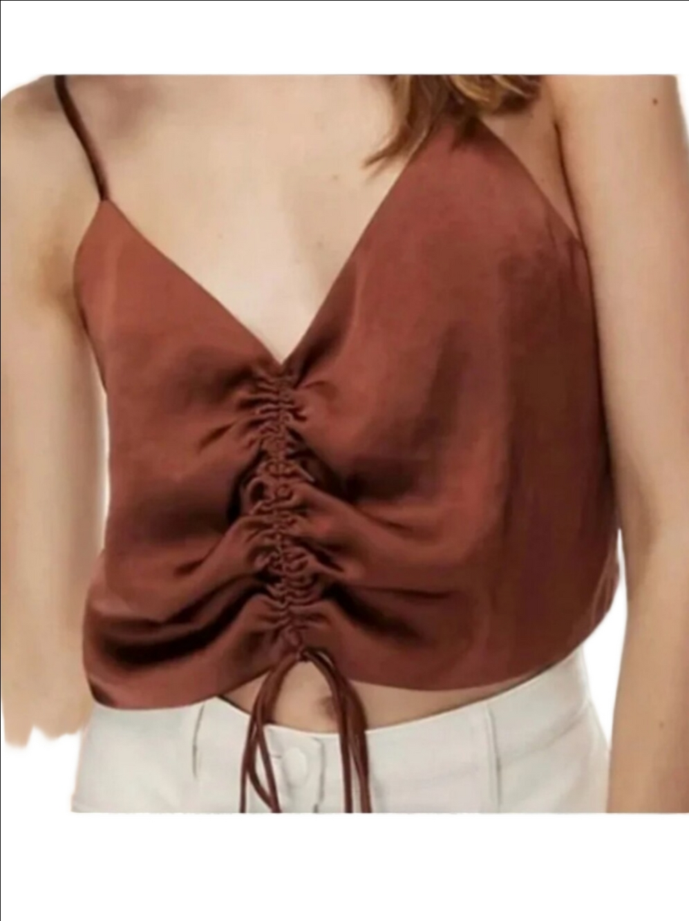 ARITZIA WILFRED Verso brown satin drawstring v-neck crop top
